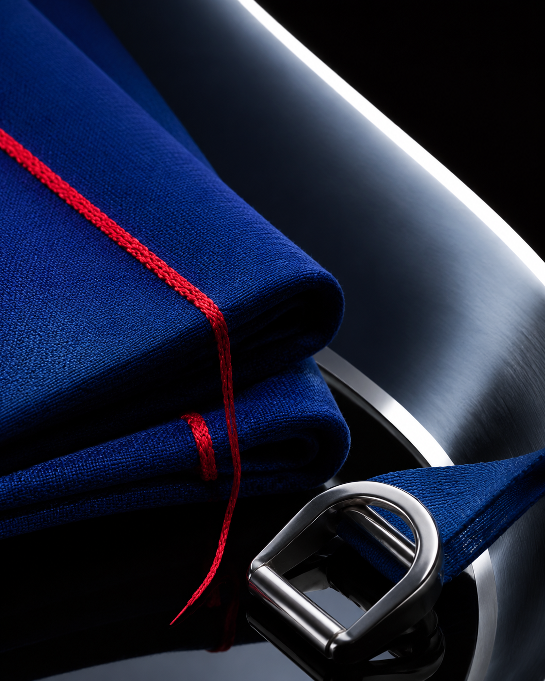 Cobalt textile with red stitching and polished silver hardware