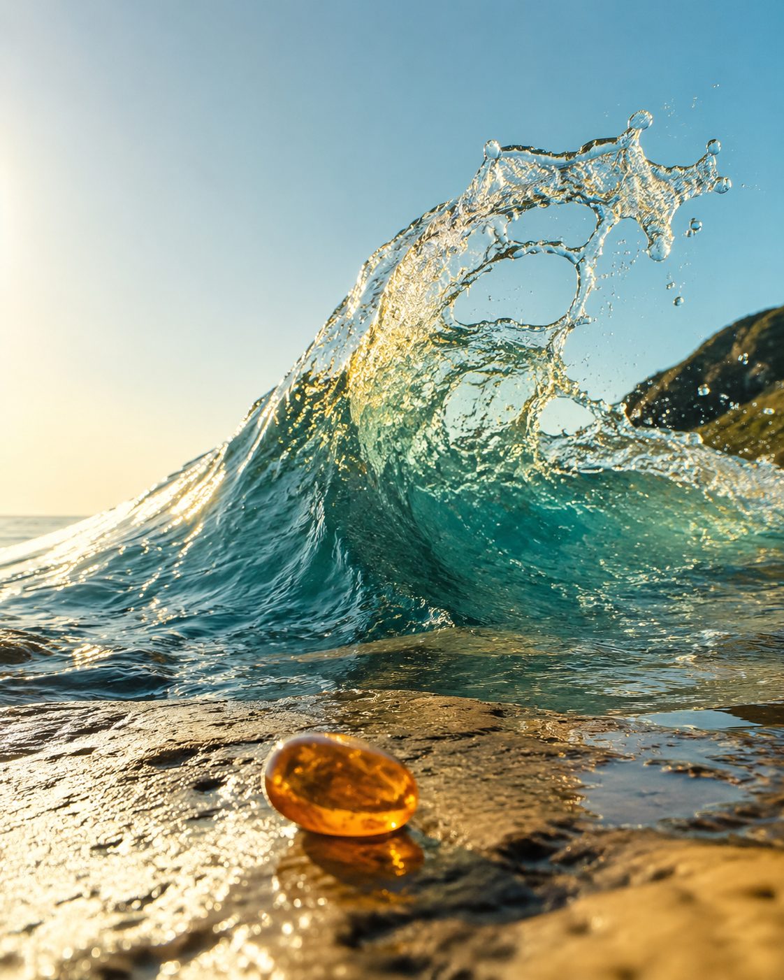 A sunlit ocean wave breaking over rock beside an amber glass stone